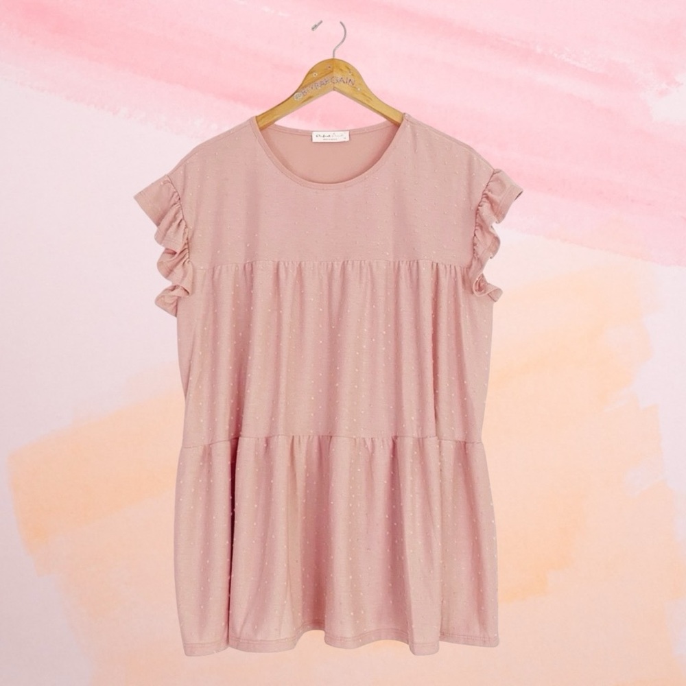 Perfect Peach Swiss Dot Ruffle Cap Sleeve Tiered Top Women’s Plus 1X Dusty Pink - Picture 3 of 10